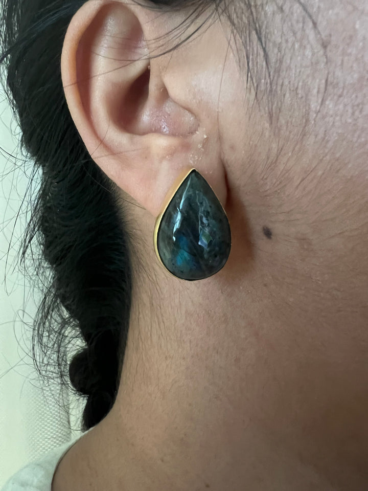 SHIVKA Labradorite Gold Studs | Natural Stone Earrings | Evening Glam