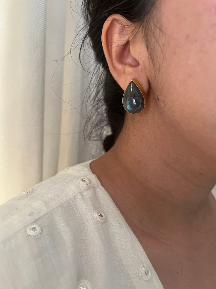 SHIVKA Labradorite Gold Studs | Natural Stone Earrings | Evening Glam