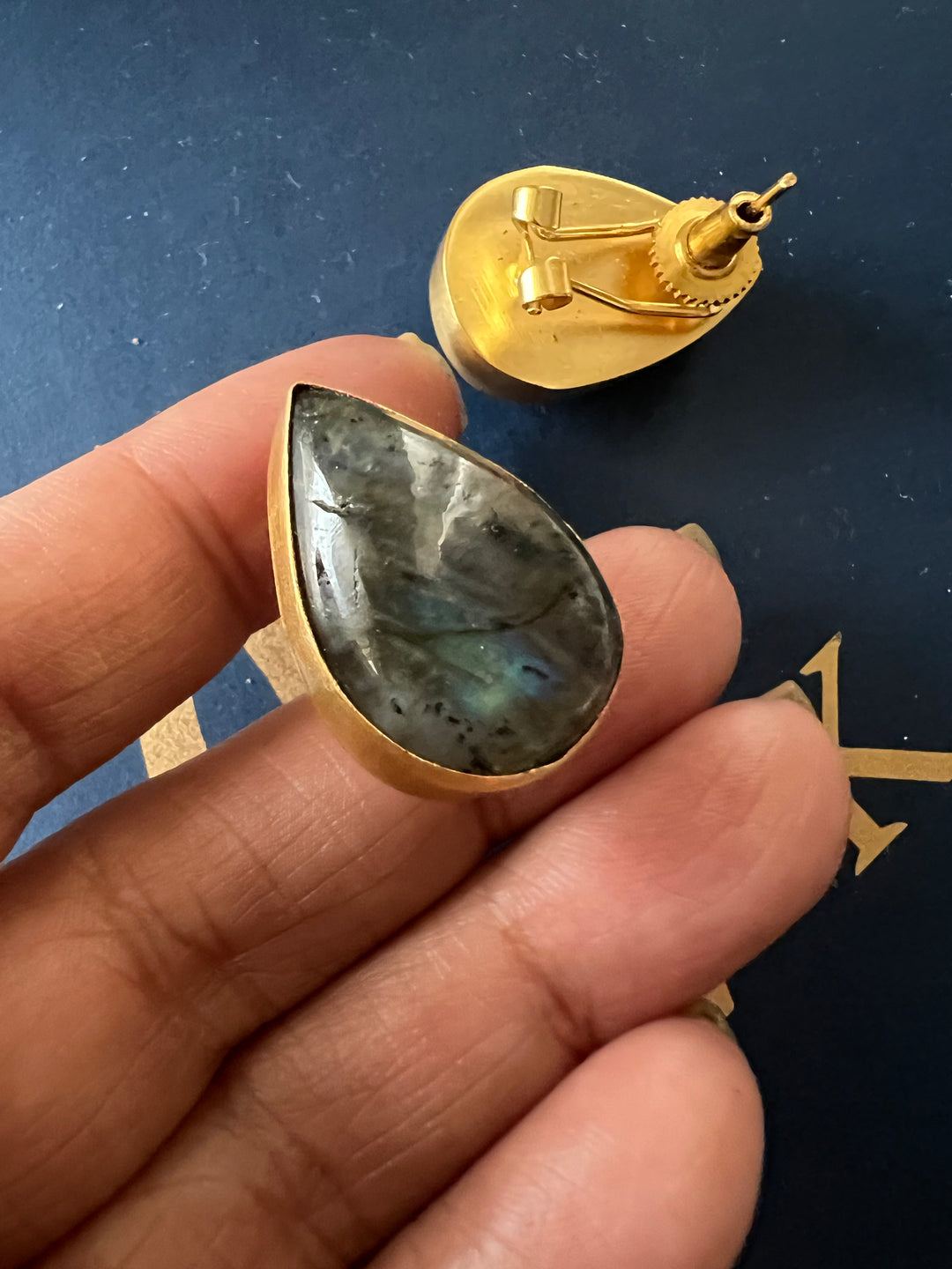 SHIVKA Labradorite Gold Studs | Natural Stone Earrings | Evening Glam