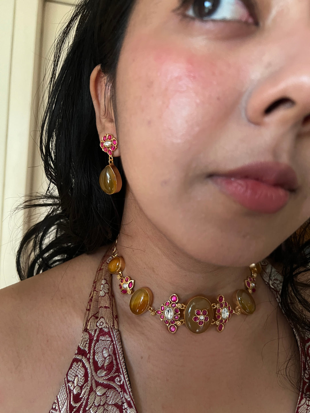 SHIVKA Citrine Kundan Choker Set | Antique Gold | Bridal Necklace