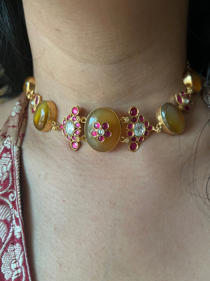 SHIVKA Citrine Kundan Choker Set | Antique Gold | Bridal Necklace