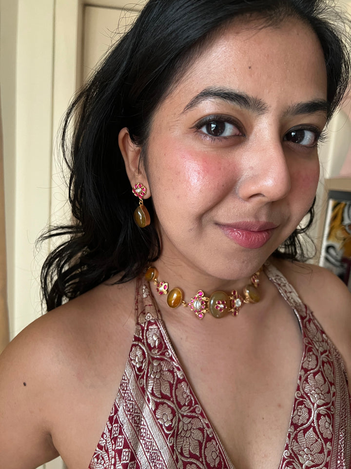 SHIVKA Citrine Kundan Choker Set | Antique Gold | Bridal Necklace