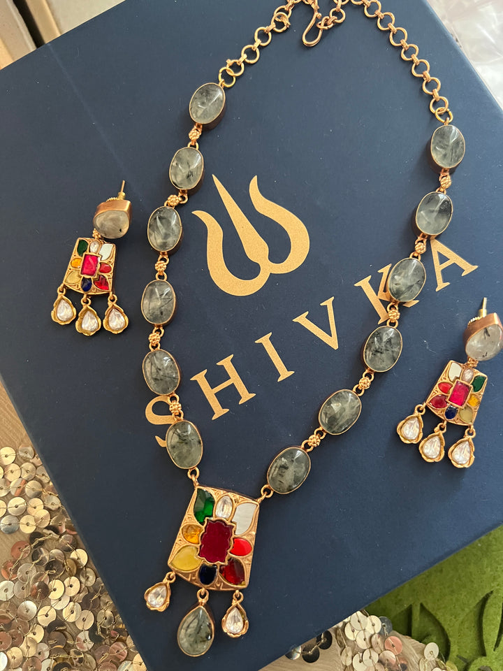 SHIVKA Natural Gemstone Kempu Necklace Set | Antique Gold Bridal Jewelry