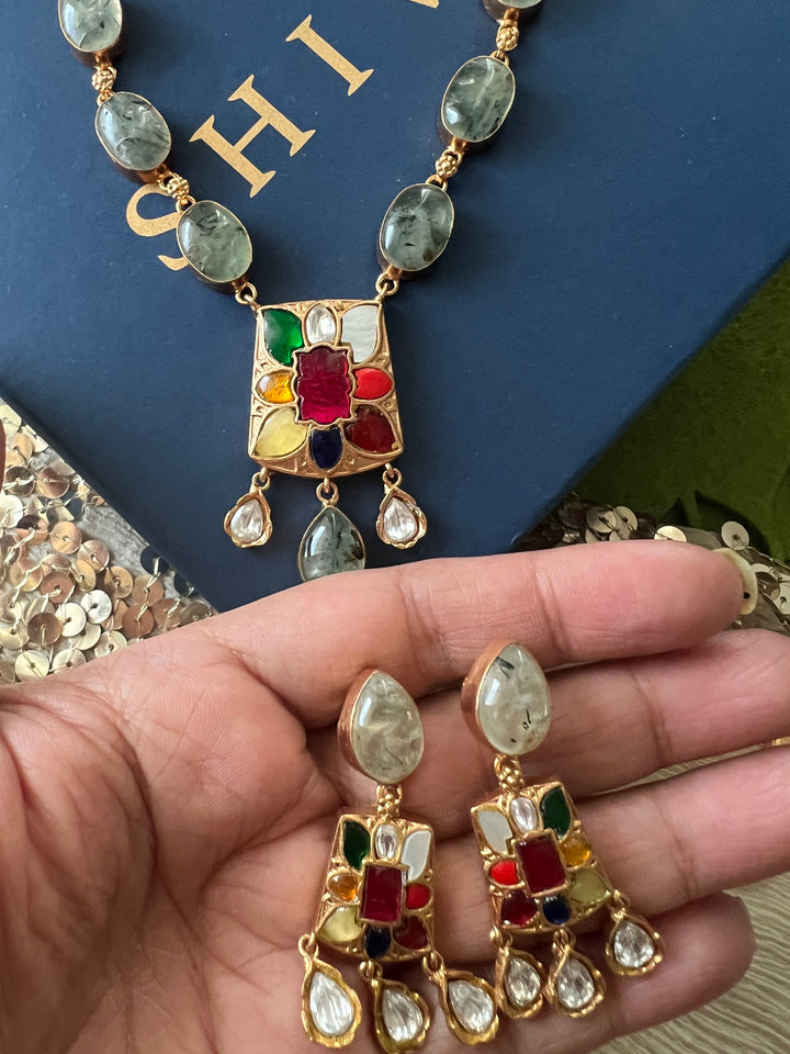 SHIVKA Natural Gemstone Kempu Necklace Set | Antique Gold Bridal Jewelry