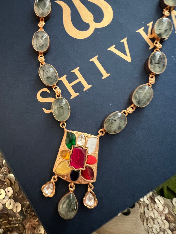 SHIVKA Natural Gemstone Kempu Necklace Set | Antique Gold Bridal Jewelry