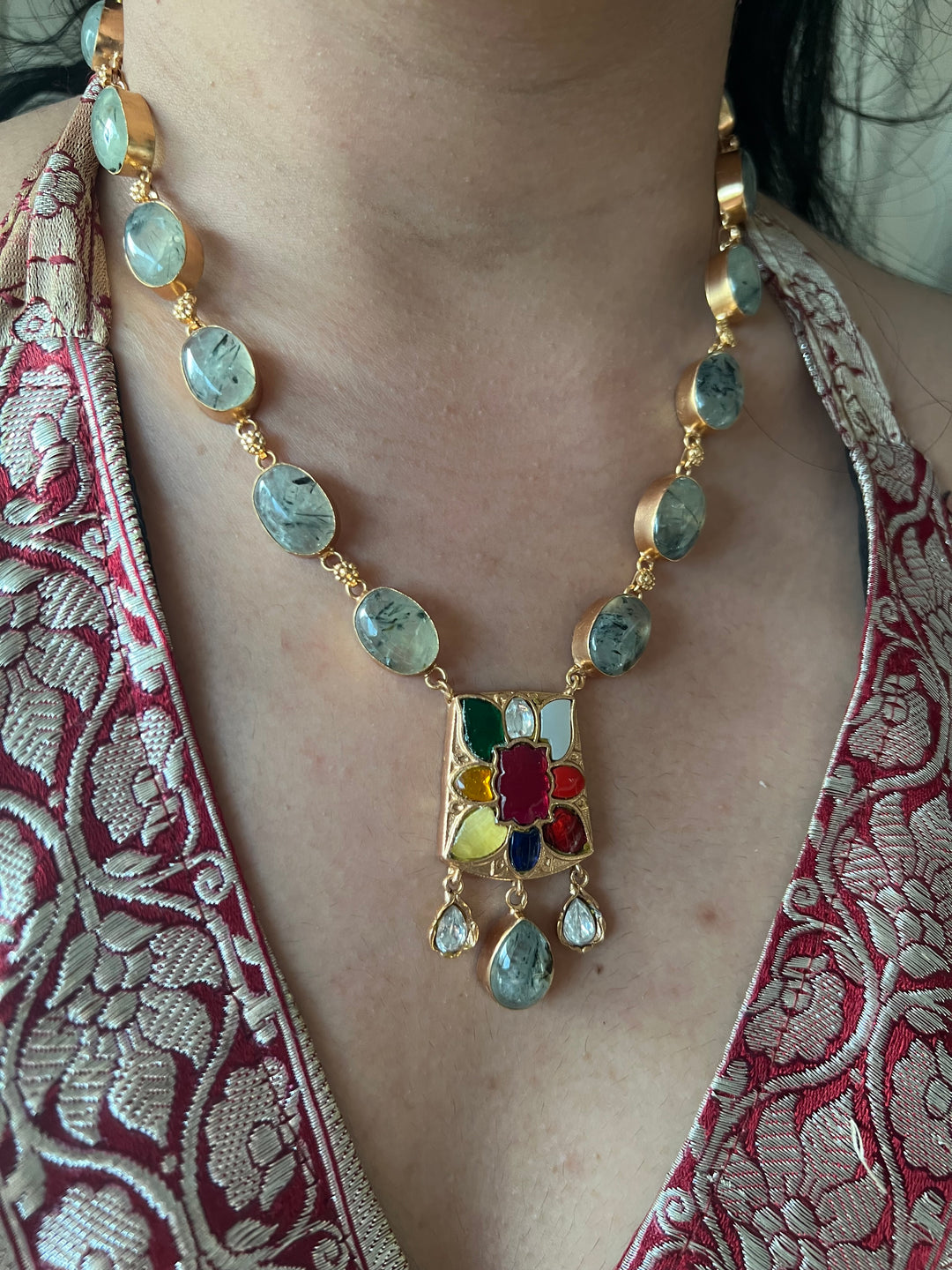 SHIVKA Natural Gemstone Kempu Necklace Set | Antique Gold Bridal Jewelry