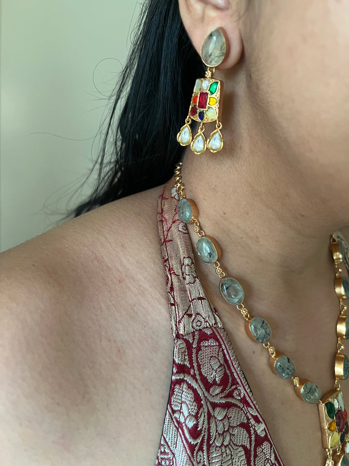 SHIVKA Natural Gemstone Kempu Necklace Set | Antique Gold Bridal Jewelry