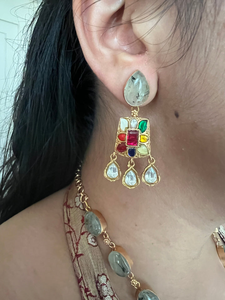 SHIVKA Natural Gemstone Kempu Necklace Set | Antique Gold Bridal Jewelry