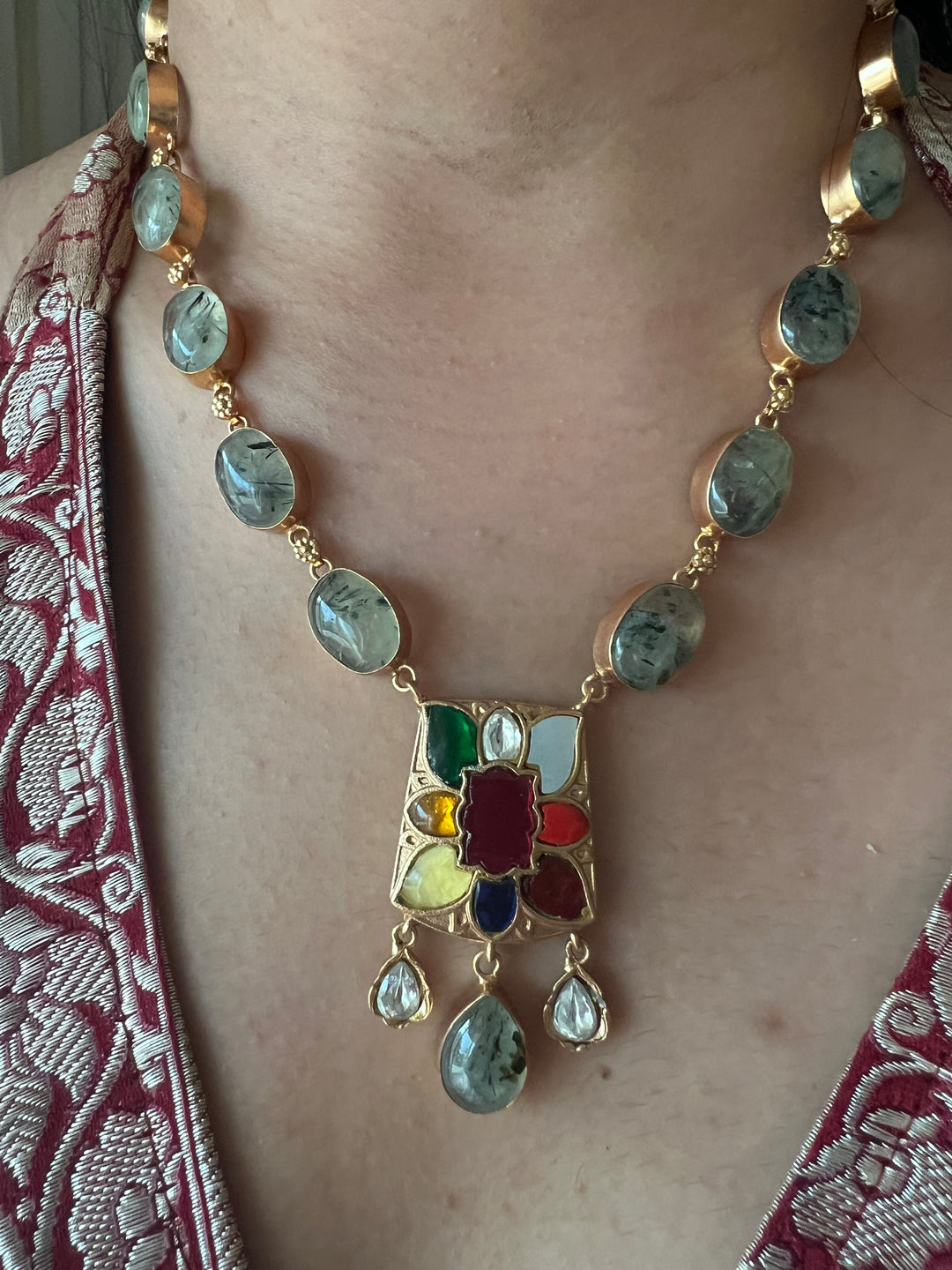 SHIVKA Natural Gemstone Kempu Necklace Set | Antique Gold Bridal Jewelry