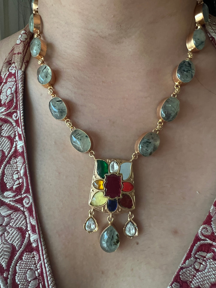 SHIVKA Natural Gemstone Kempu Necklace Set | Antique Gold Bridal Jewelry