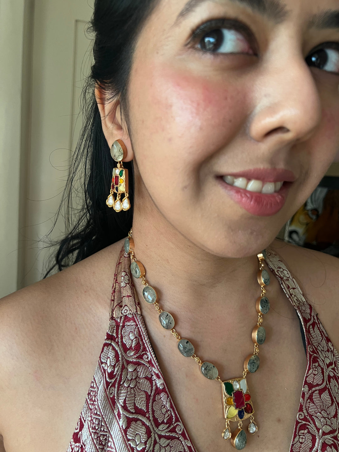 SHIVKA Natural Gemstone Kempu Necklace Set | Antique Gold Bridal Jewelry