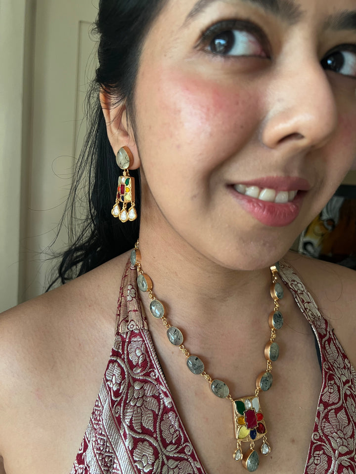 SHIVKA Natural Gemstone Kempu Necklace Set | Antique Gold Bridal Jewelry