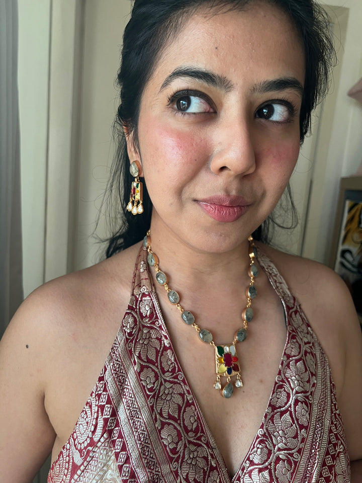 SHIVKA Natural Gemstone Kempu Necklace Set | Antique Gold Bridal Jewelry