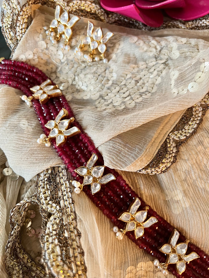 Shimmering Red Beads Polki Kundan Lotus 925 Silver necklace set