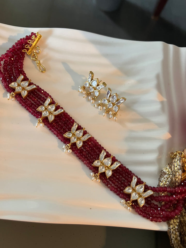 Shimmering Red Beads Polki Kundan Lotus 925 Silver necklace set