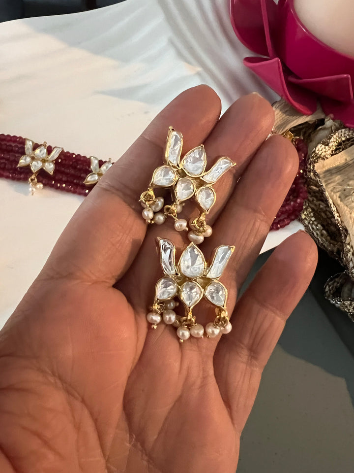 Shimmering Red Beads Polki Kundan Lotus 925 Silver necklace set