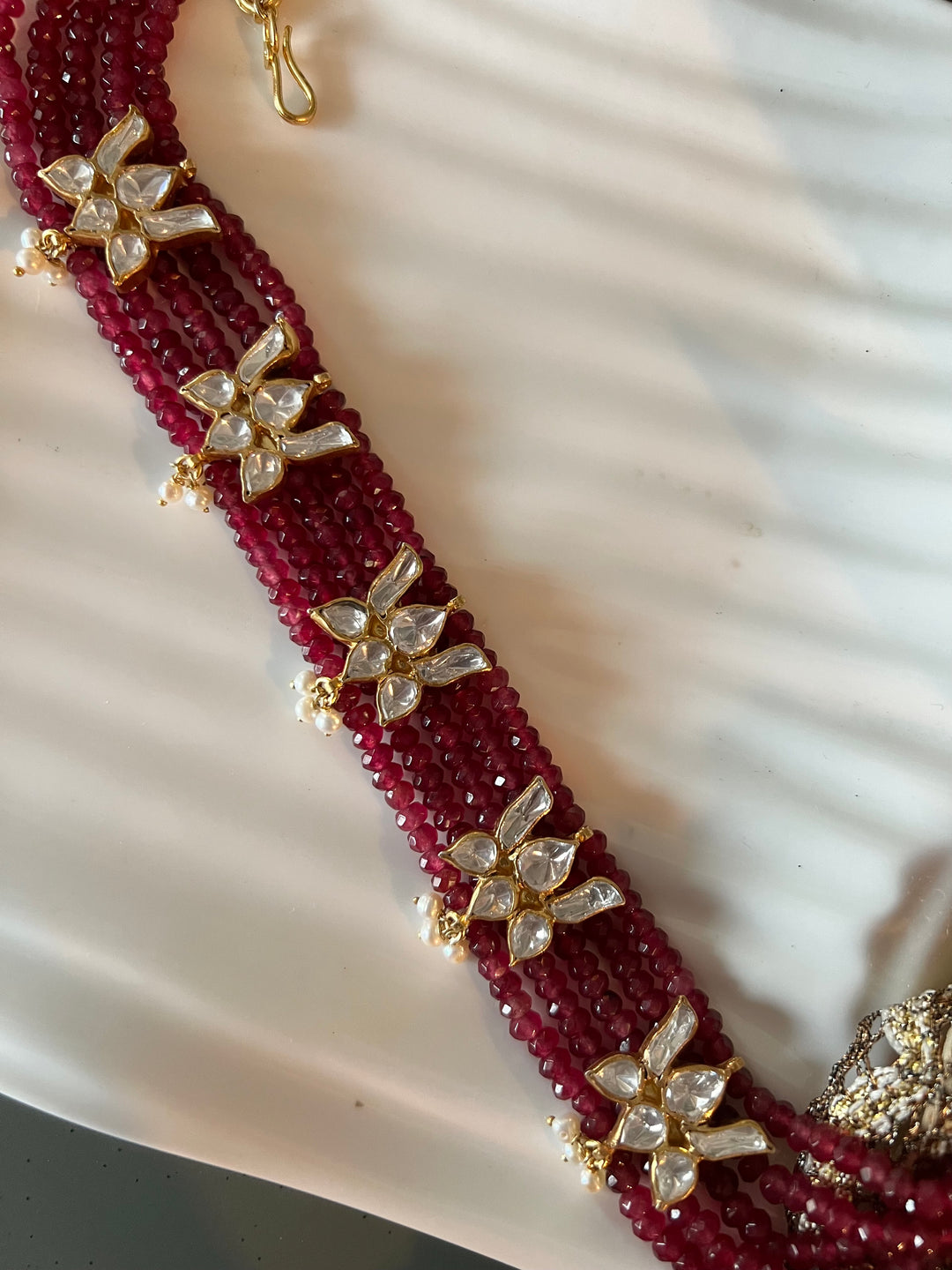 Shimmering Red Beads Polki Kundan Lotus 925 Silver necklace set