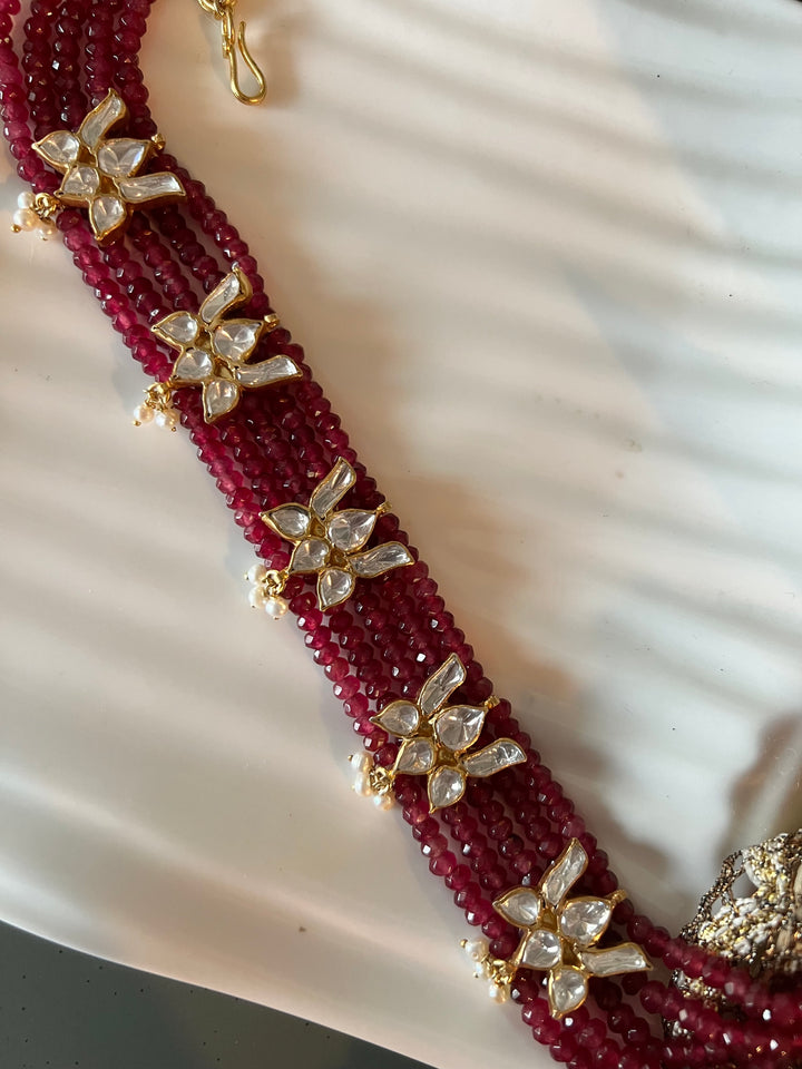 Shimmering Red Beads Polki Kundan Lotus 925 Silver necklace set