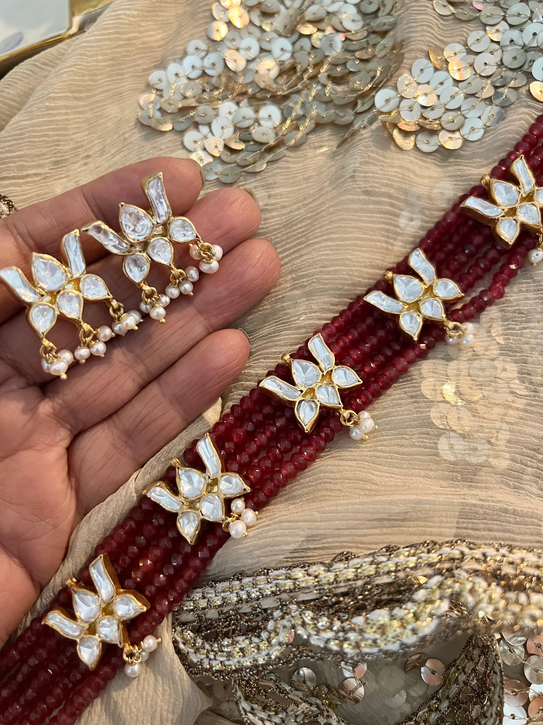 Shimmering Red Beads Polki Kundan Lotus 925 Silver necklace set