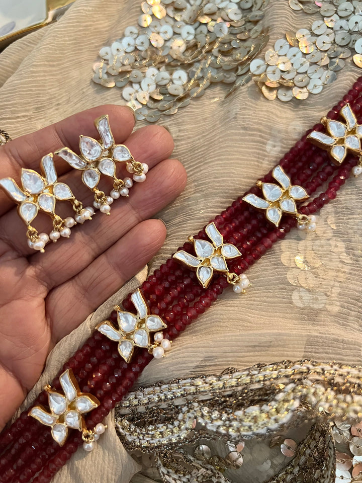 Shimmering Red Beads Polki Kundan Lotus 925 Silver necklace set