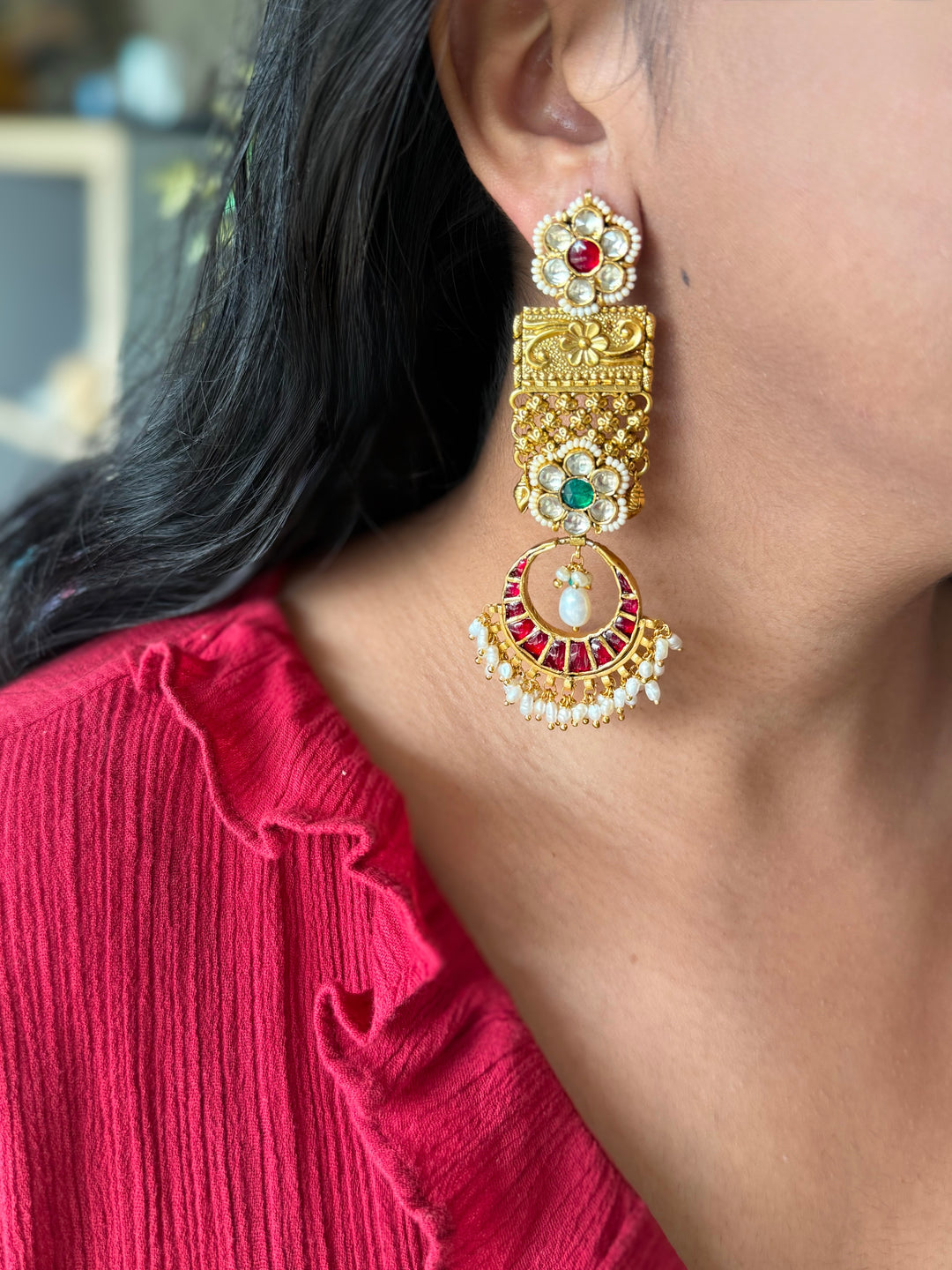Elegant Jadau Kundan 925 Silver Earrings
