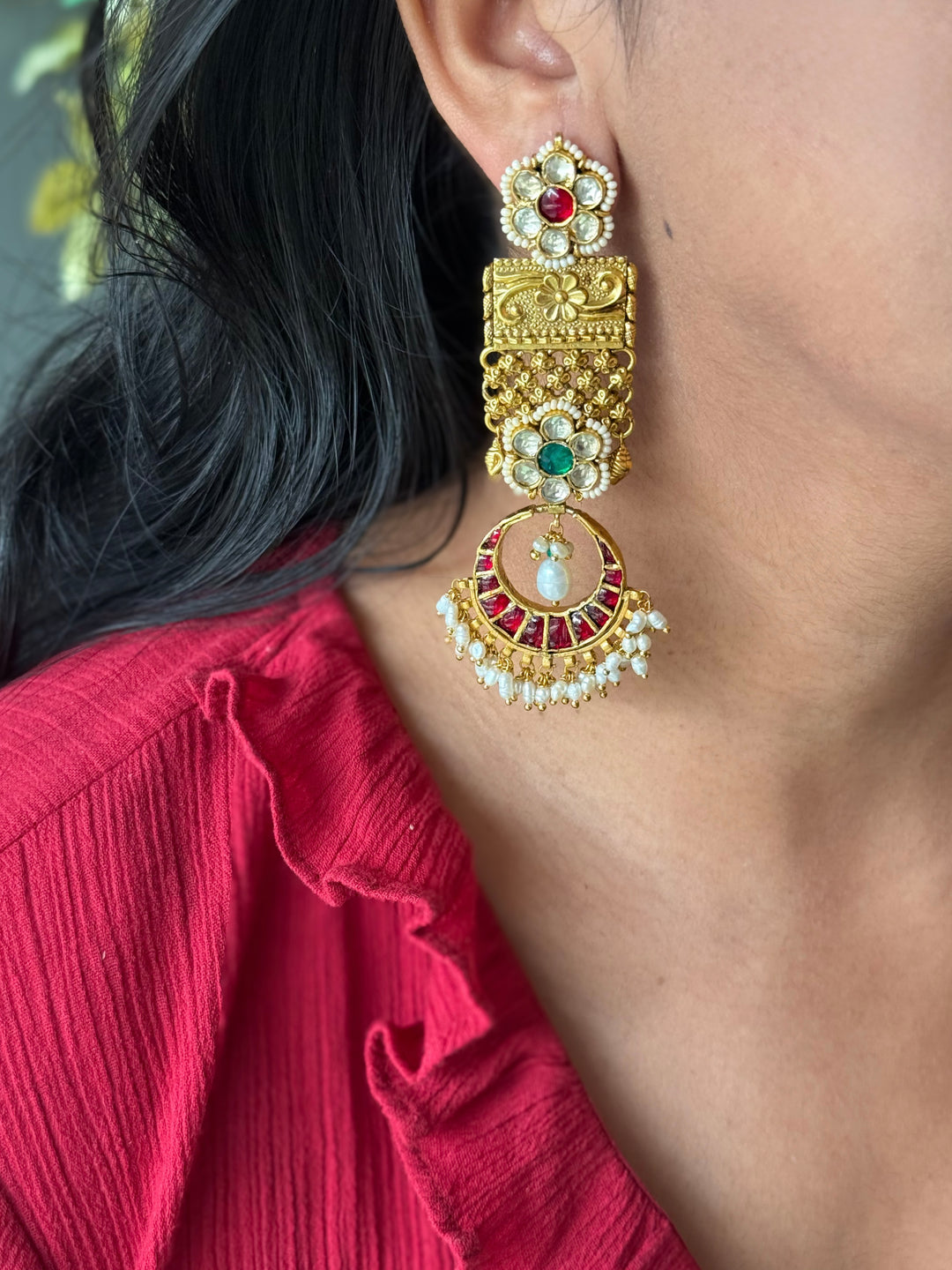 Elegant Jadau Kundan 925 Silver Earrings