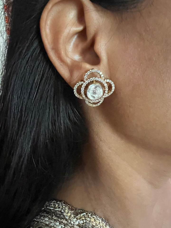 Elegant 925 Silver Polki Studs with Polki Stones & CZ Accents - Handmade