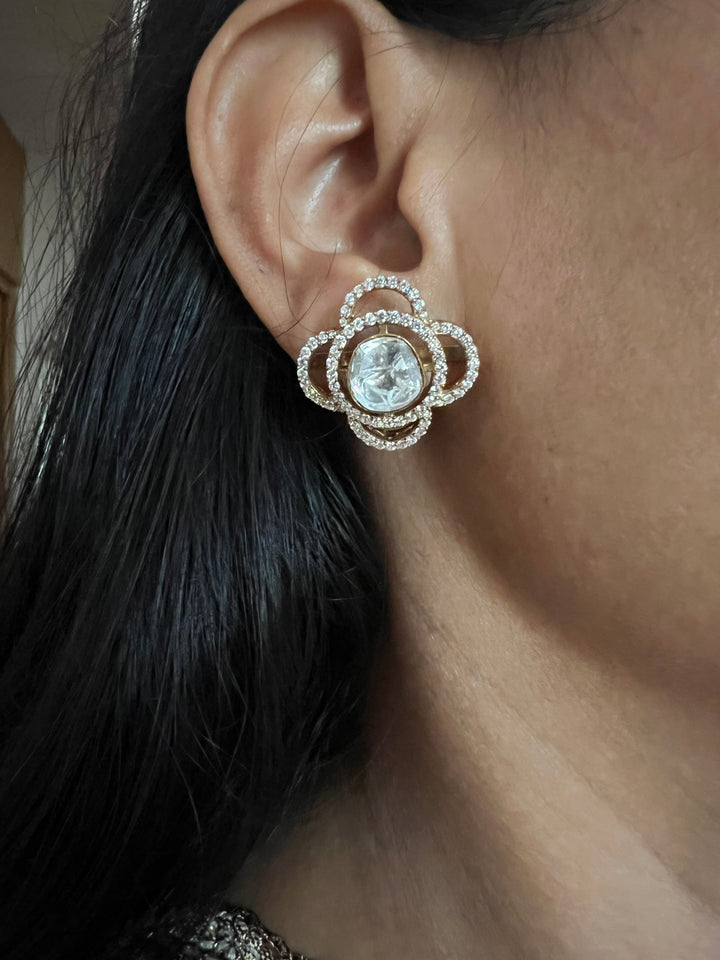 Elegant 925 Silver Polki Studs with Polki Stones & CZ Accents - Handmade