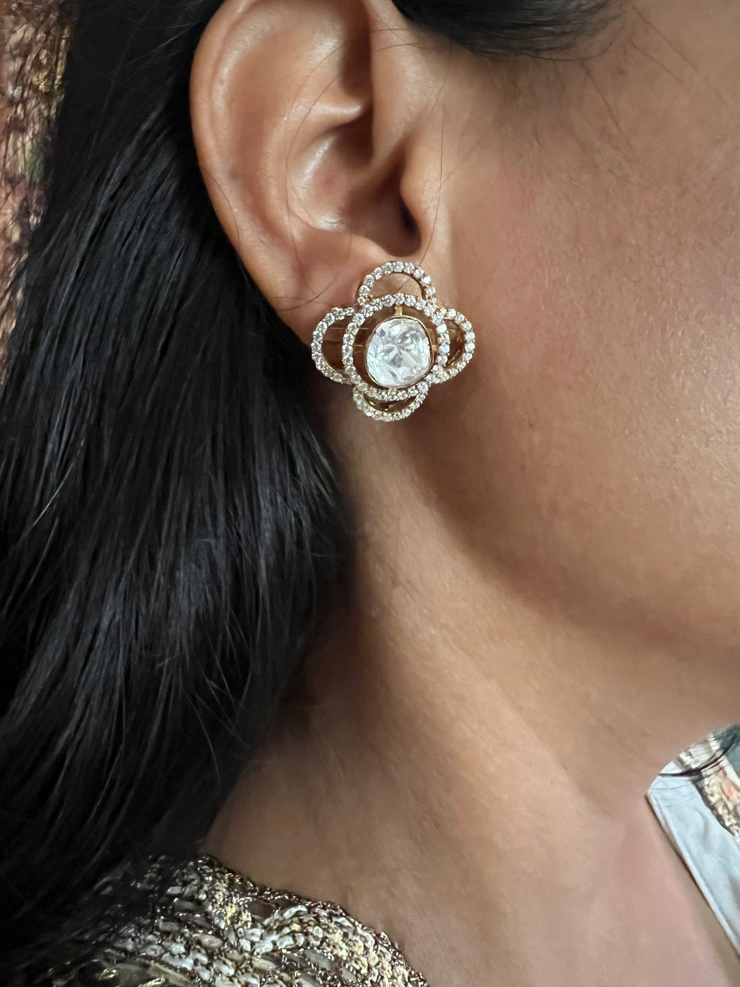 Elegant 925 Silver Polki Studs with Polki Stones & CZ Accents - Handmade