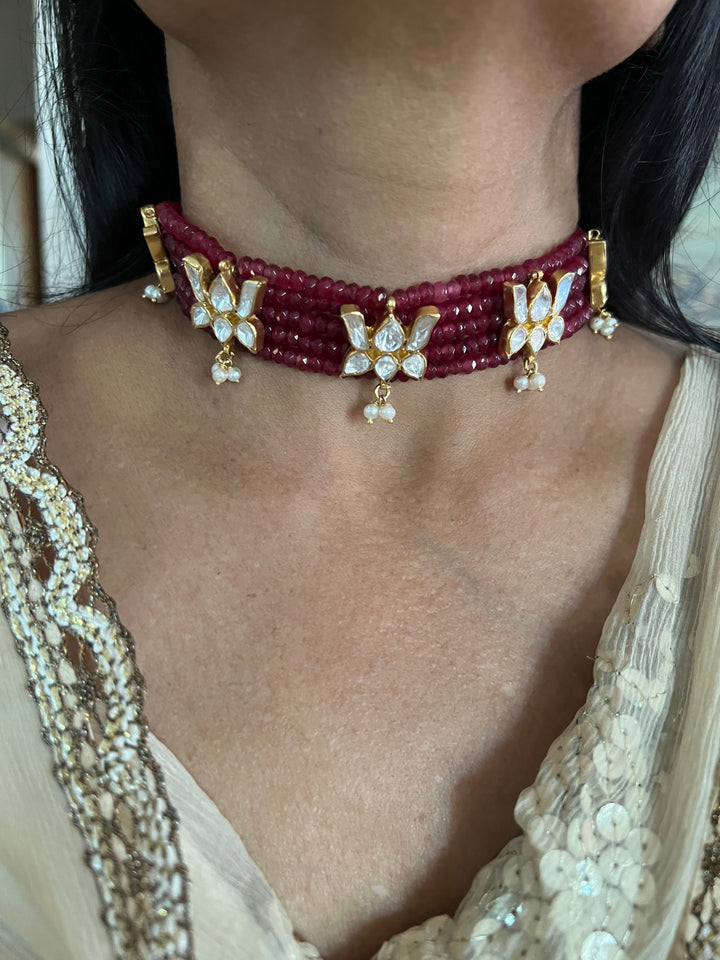 Shimmering Red Beads Polki Kundan Lotus 925 Silver necklace set