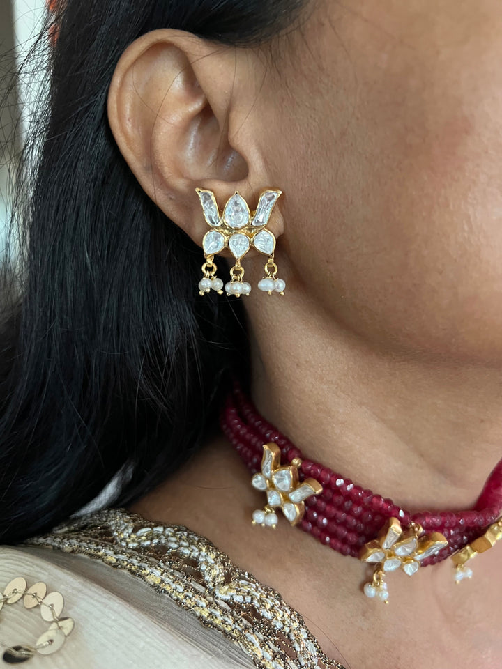 Shimmering Red Beads Polki Kundan Lotus 925 Silver necklace set