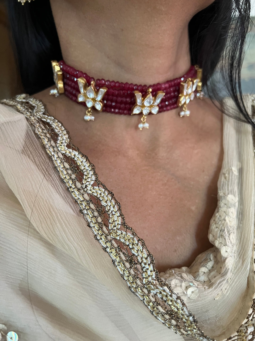 Shimmering Red Beads Polki Kundan Lotus 925 Silver necklace set