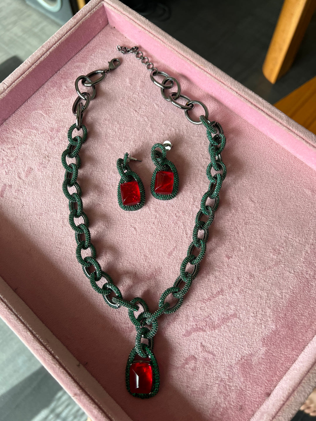 SHIVKA Victorian Red CZ Necklace Set | Rhodium Bridal Jewelry