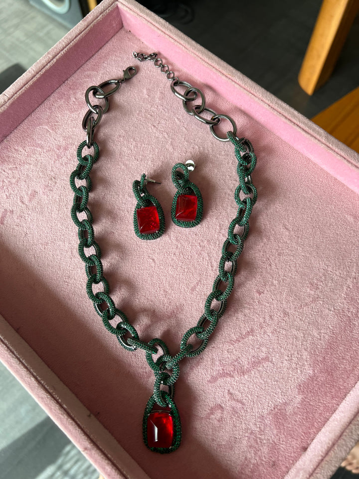 SHIVKA Victorian Red CZ Necklace Set | Rhodium Bridal Jewelry