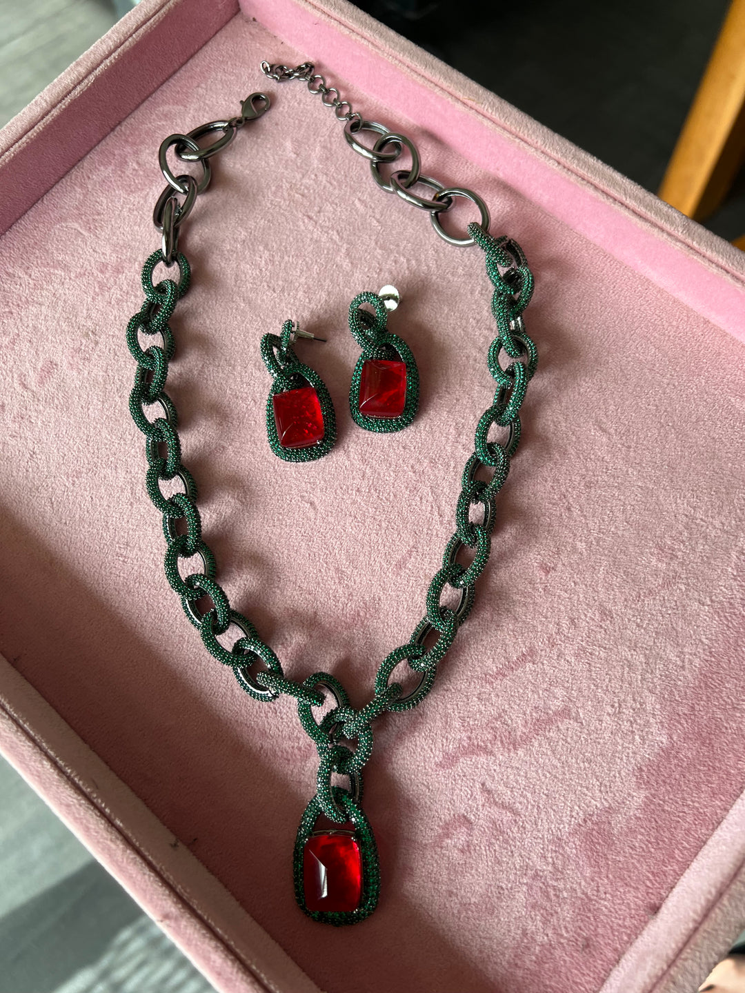 SHIVKA Victorian Red CZ Necklace Set | Rhodium Bridal Jewelry