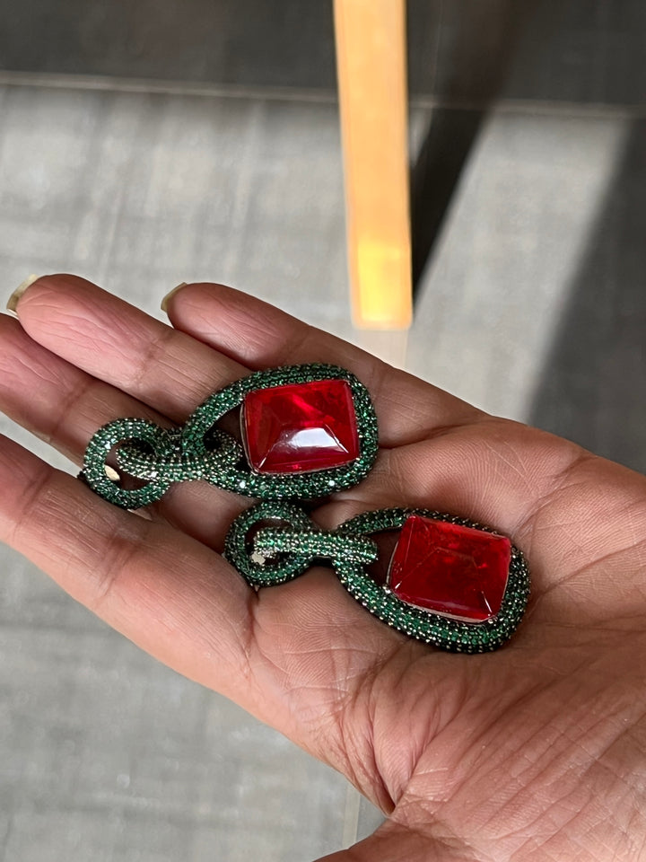 SHIVKA Victorian Red CZ Necklace Set | Rhodium Bridal Jewelry