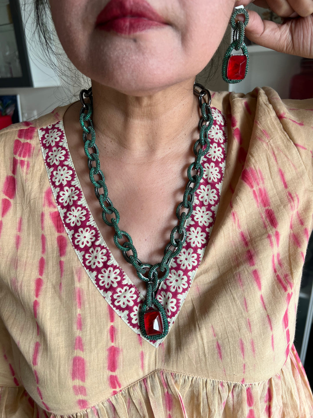 SHIVKA Victorian Red CZ Necklace Set | Rhodium Bridal Jewelry