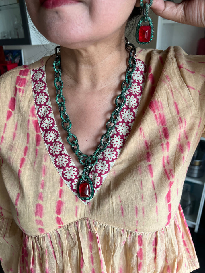 SHIVKA Victorian Red CZ Necklace Set | Rhodium Bridal Jewelry