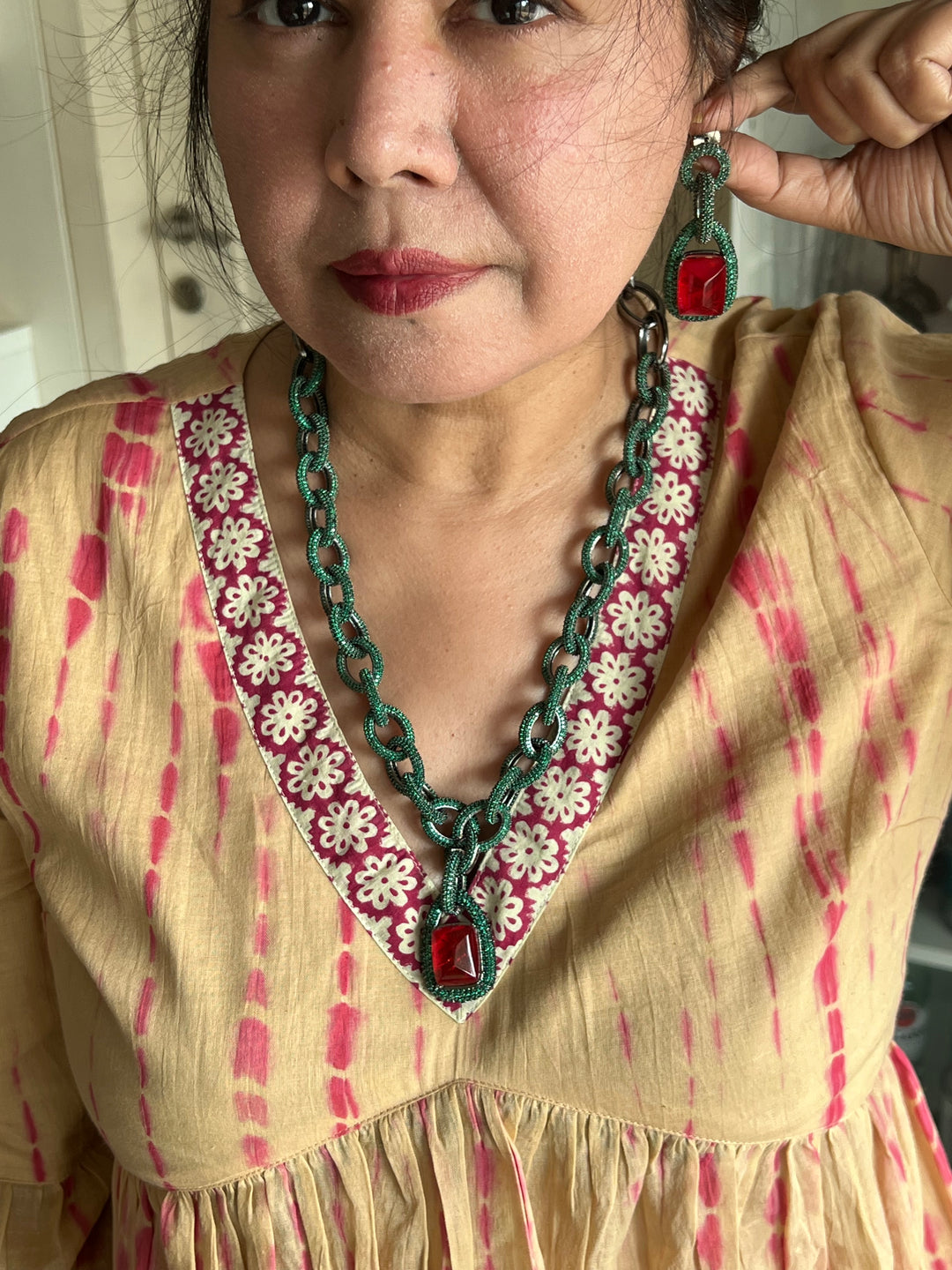 SHIVKA Victorian Red CZ Necklace Set | Rhodium Bridal Jewelry