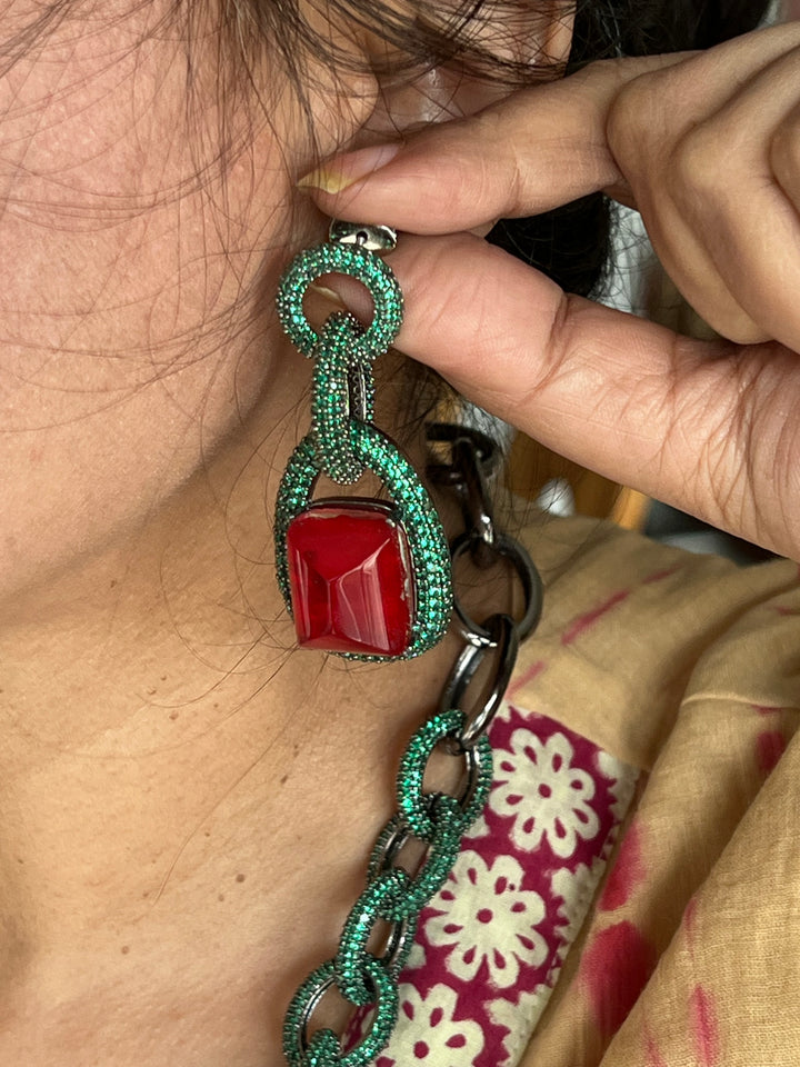 SHIVKA Victorian Red CZ Necklace Set | Rhodium Bridal Jewelry