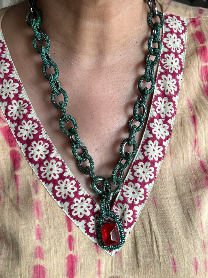 SHIVKA Victorian Red CZ Necklace Set | Rhodium Bridal Jewelry