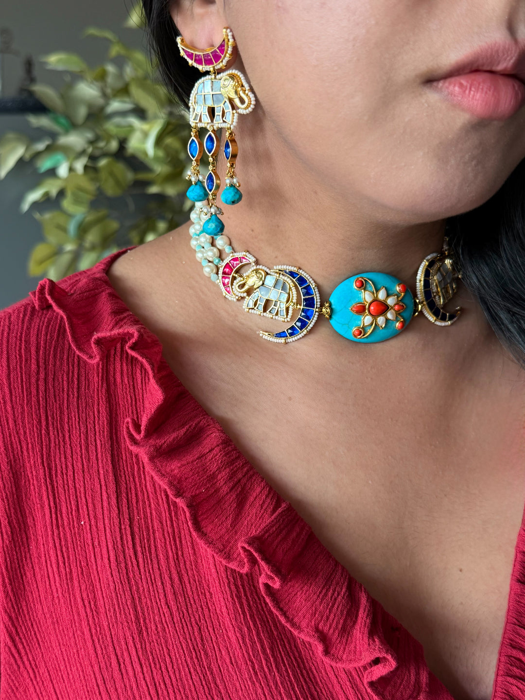 Handmade Jadau Elephant Choker Necklace Set | SHIVKA