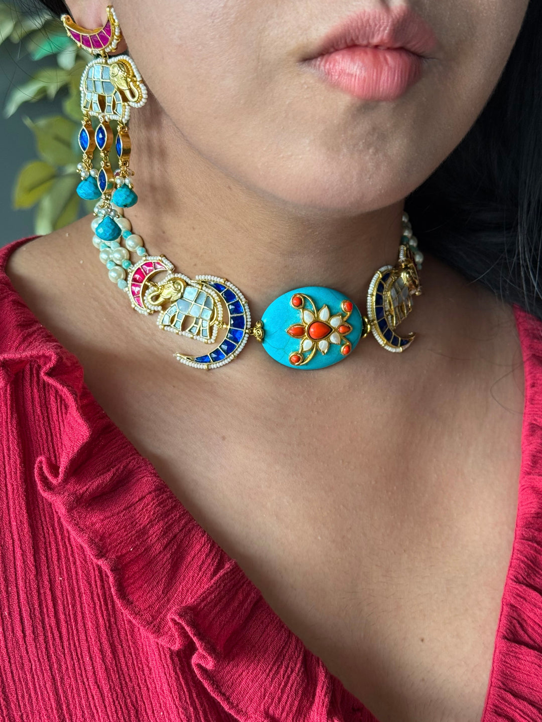 Handmade Jadau Elephant Choker Necklace Set | SHIVKA