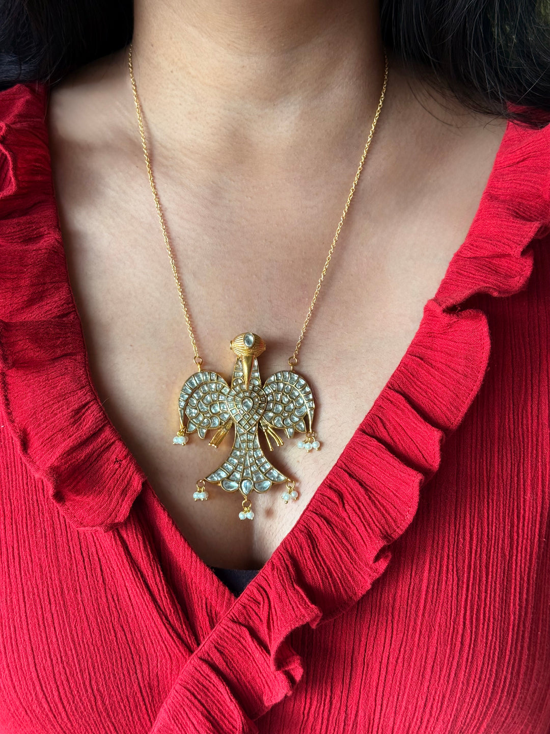 Handmade Falcon Vintage Necklace with Pearls & Kundan | Adjustable Statement Jewelry