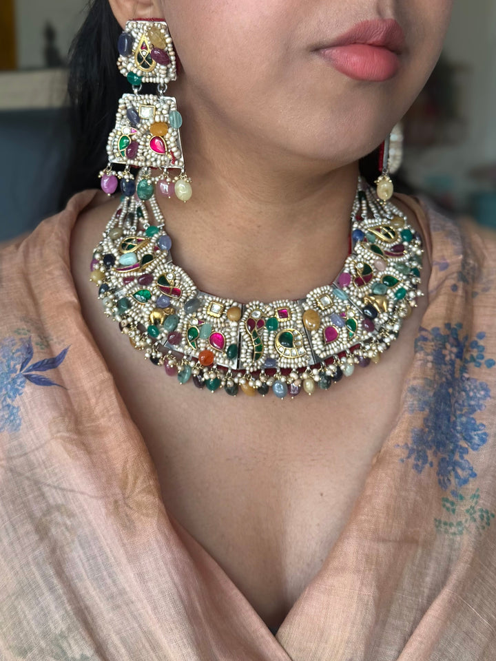 Handmade 925 Silver Nakhra Gemstone Necklace Set | SHIVKA