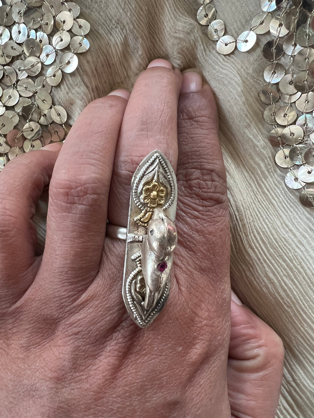 Chidiya 925 Silver Adjustable Ring | Dual Tone with Red Stone