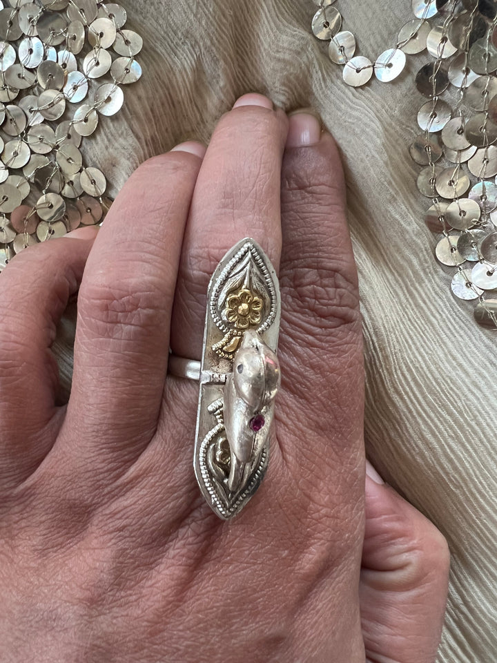 Chidiya 925 Silver Adjustable Ring | Dual Tone with Red Stone