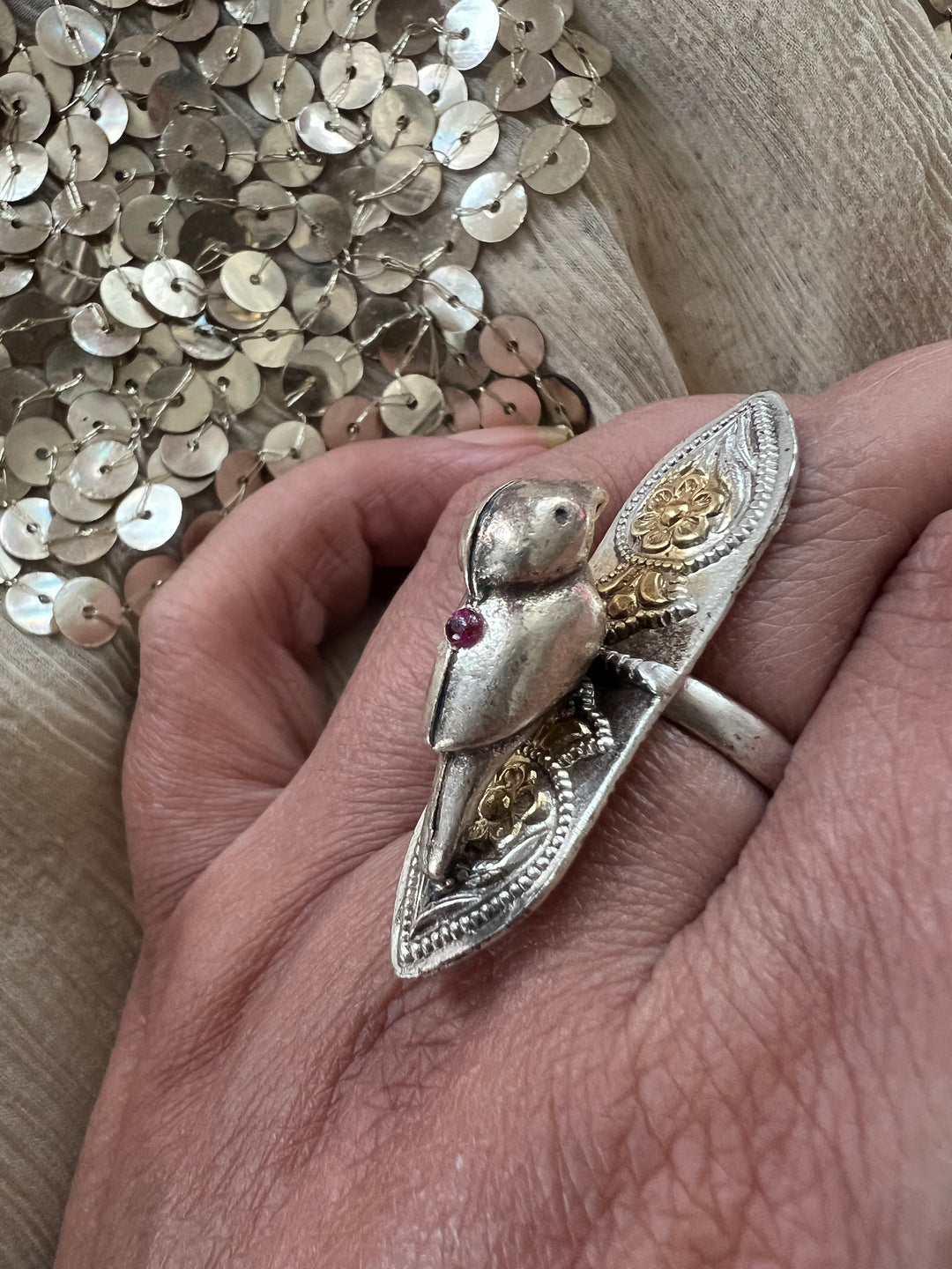 Chidiya 925 Silver Adjustable Ring | Dual Tone with Red Stone