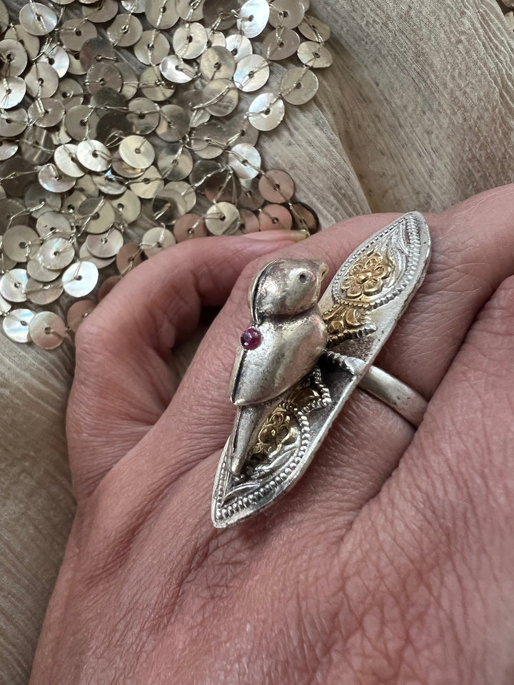 Chidiya 925 Silver Adjustable Ring | Dual Tone with Red Stone