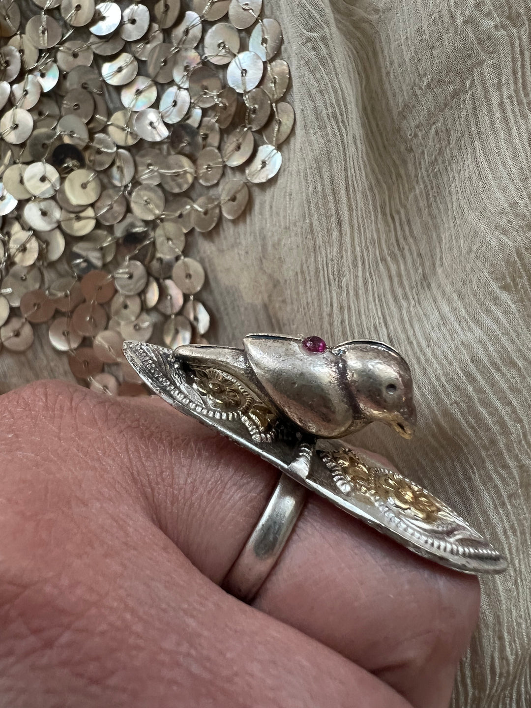 Chidiya 925 Silver Adjustable Ring | Dual Tone with Red Stone